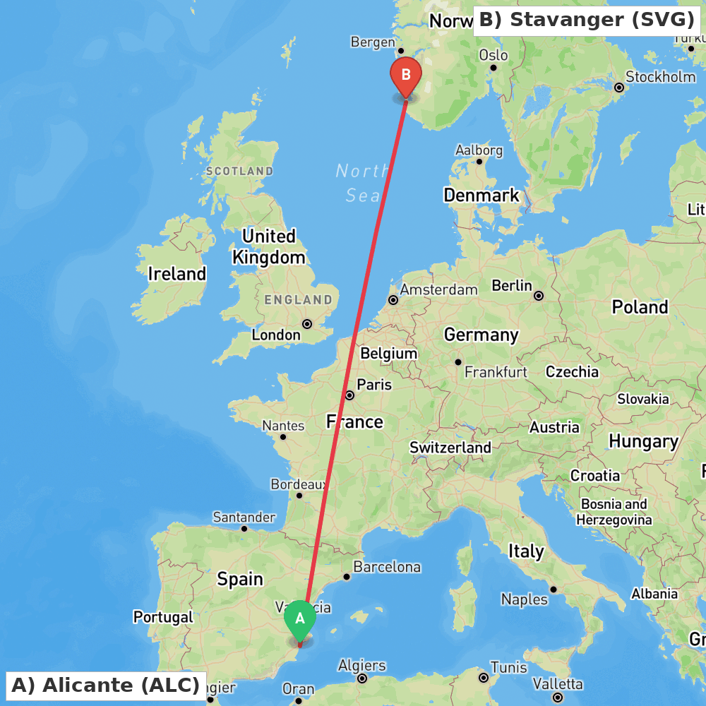 Flight route map from Alicante to Stavanger