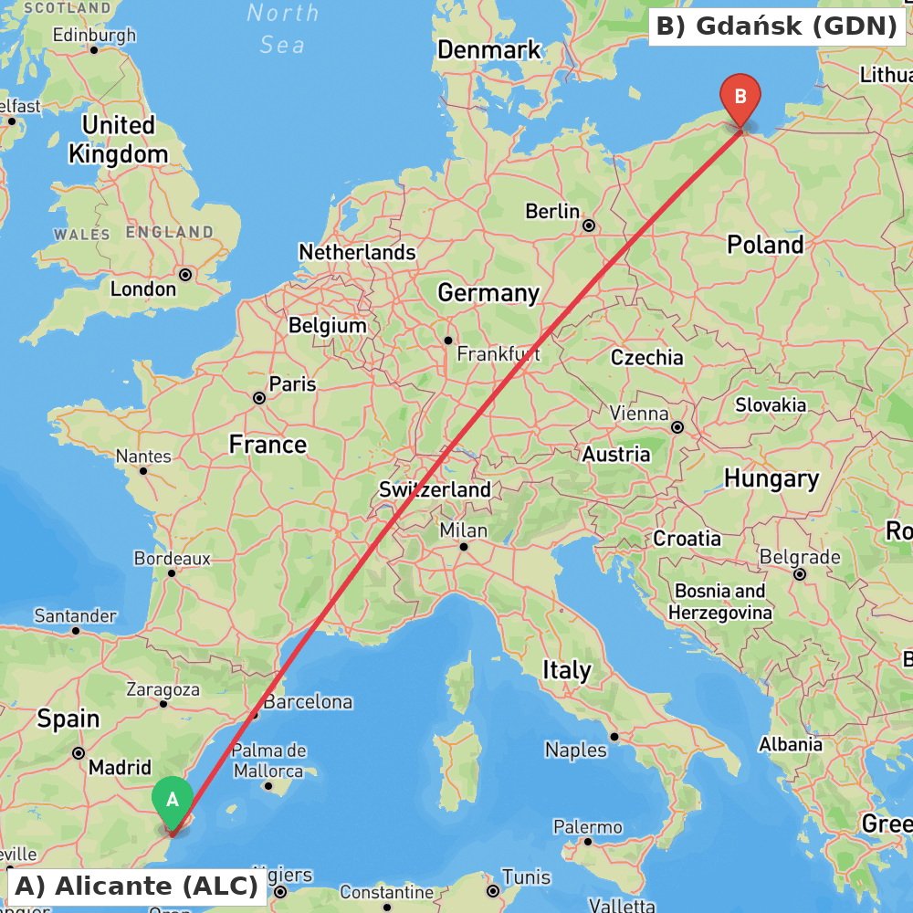 Flight route map from Alicante to Gdańsk