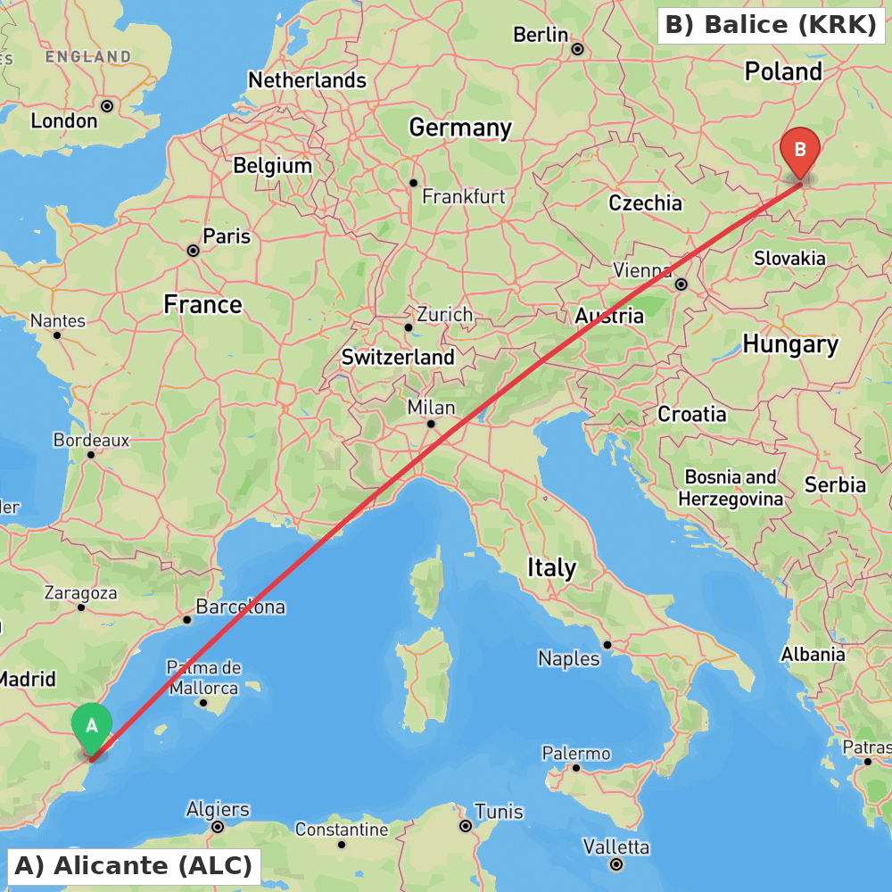 Flight route map from Alicante to Balice