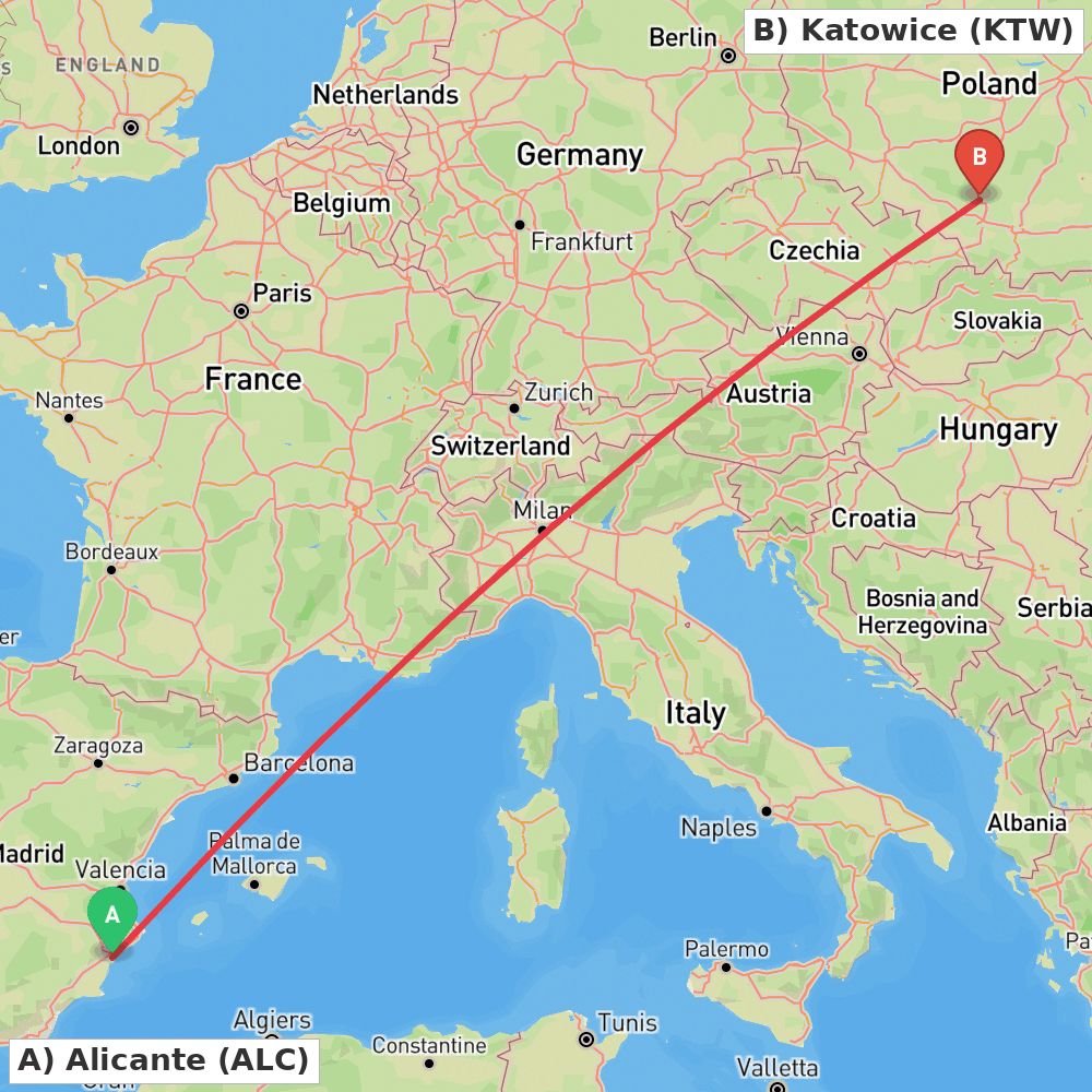 Flight route map from Alicante to Katowice