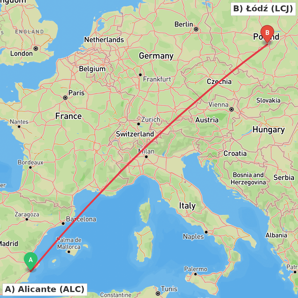 Flight route map from Alicante to Łódź
