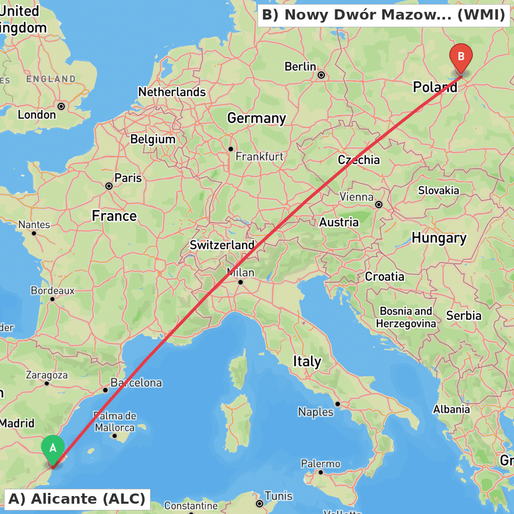 Flight route map from Alicante to Nowy Dwór Mazowiecki