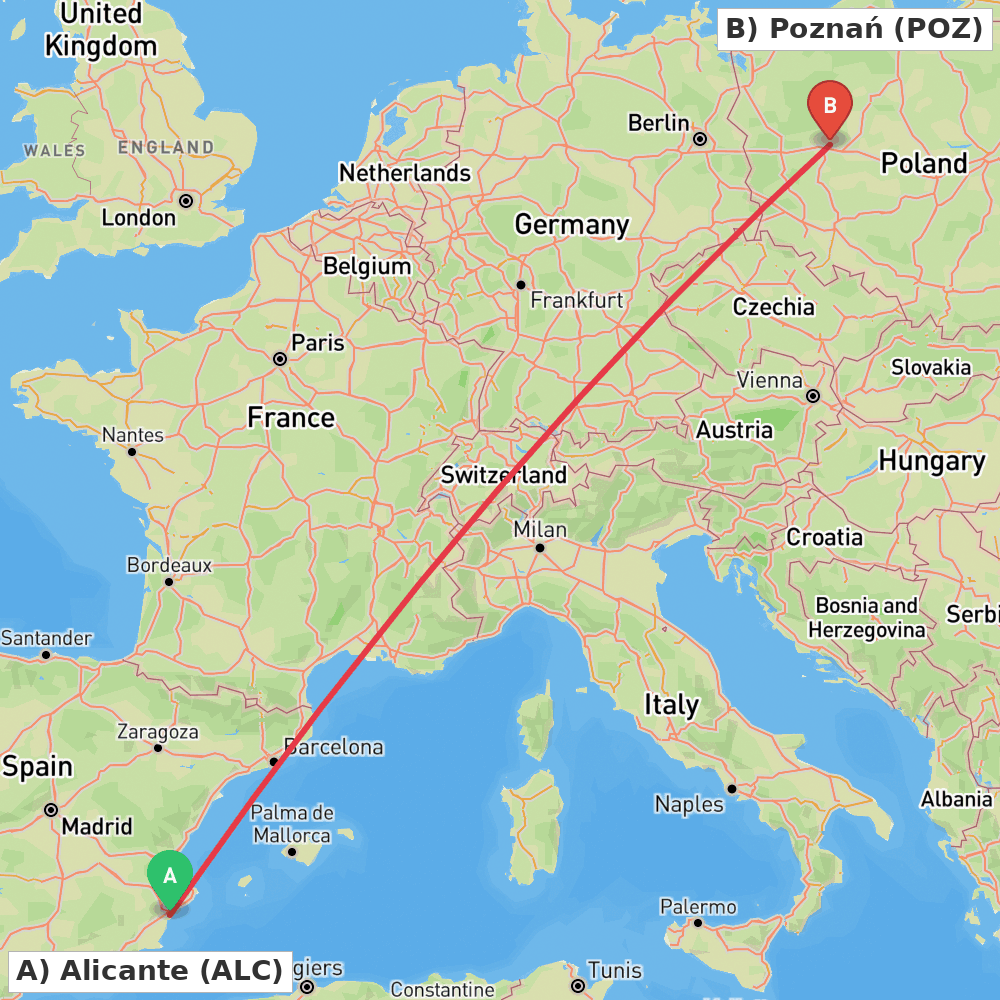 Flight route map from Alicante to Poznań