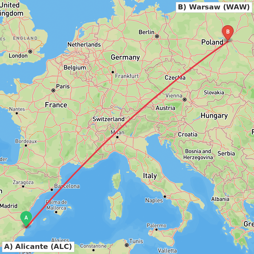 Flight route map from Alicante to Warsaw