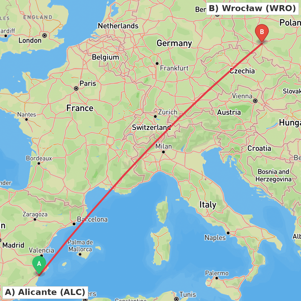 Flight route map from Alicante to Wrocław