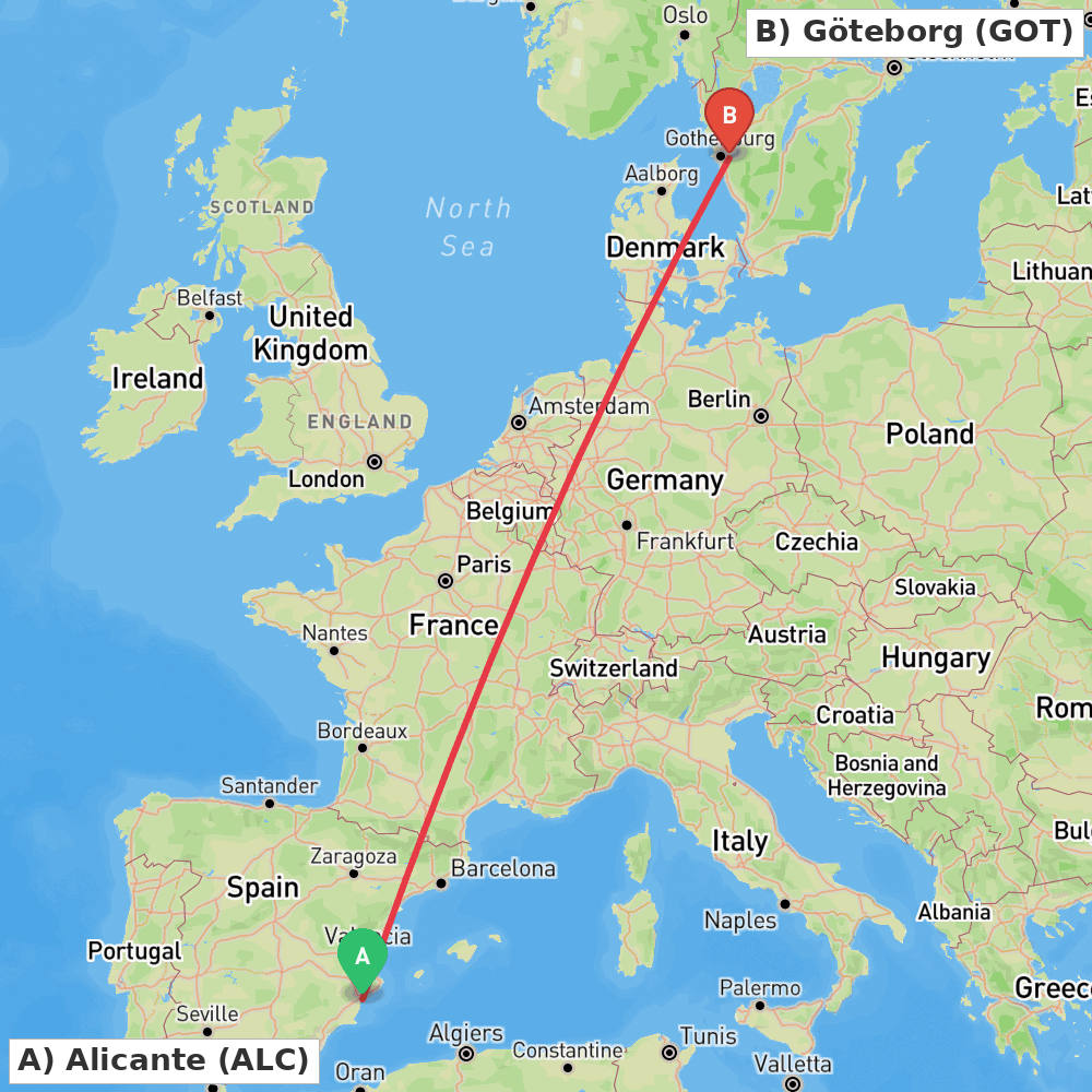 Flight route map from Alicante to Göteborg