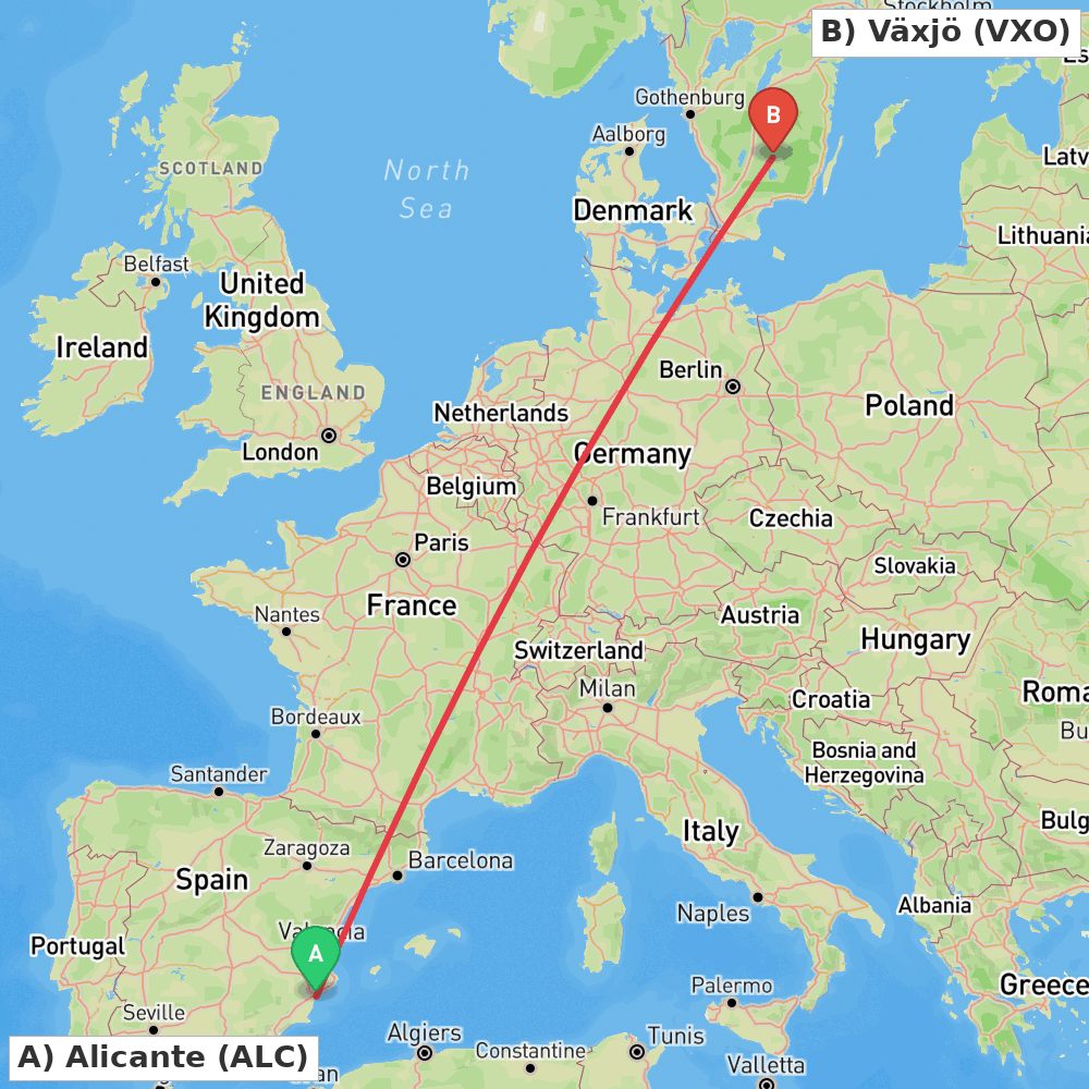Flight route map from Alicante to Växjö