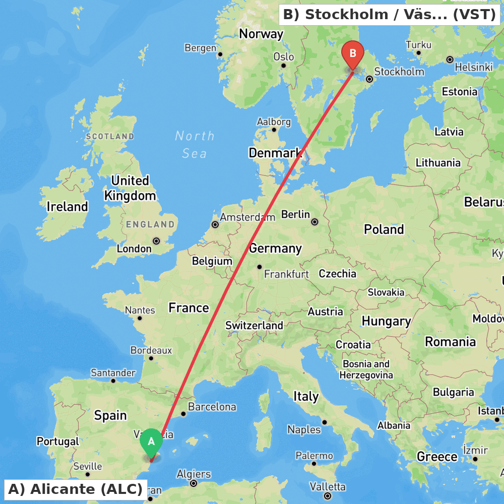 Flight route map from Alicante to Stockholm / Västerås