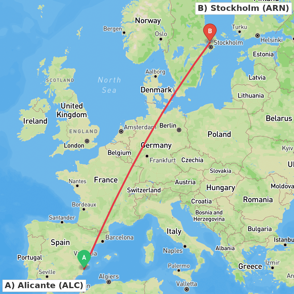 Flight route map from Alicante to Stockholm