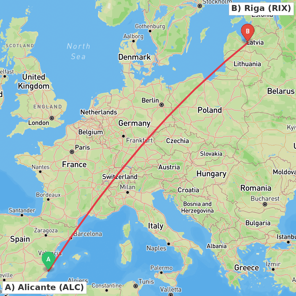Flight route map from Alicante to Riga