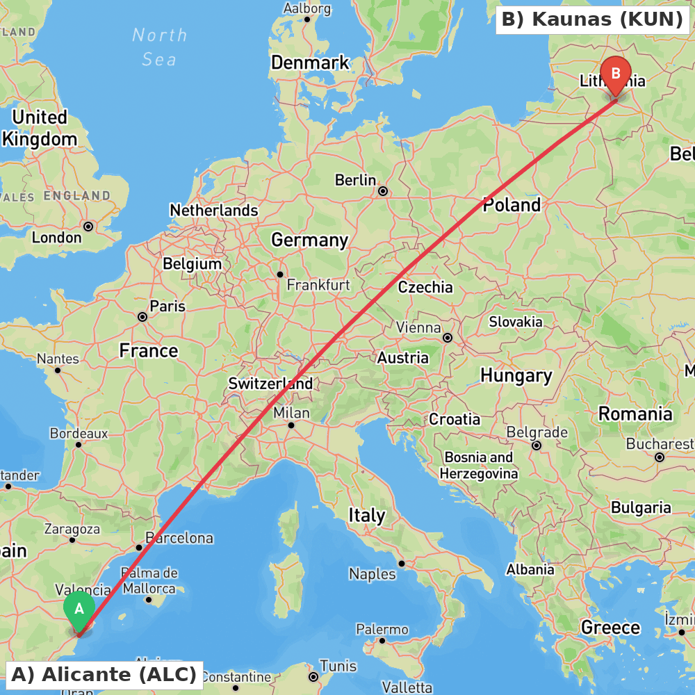 Flight route map from Alicante to Kaunas