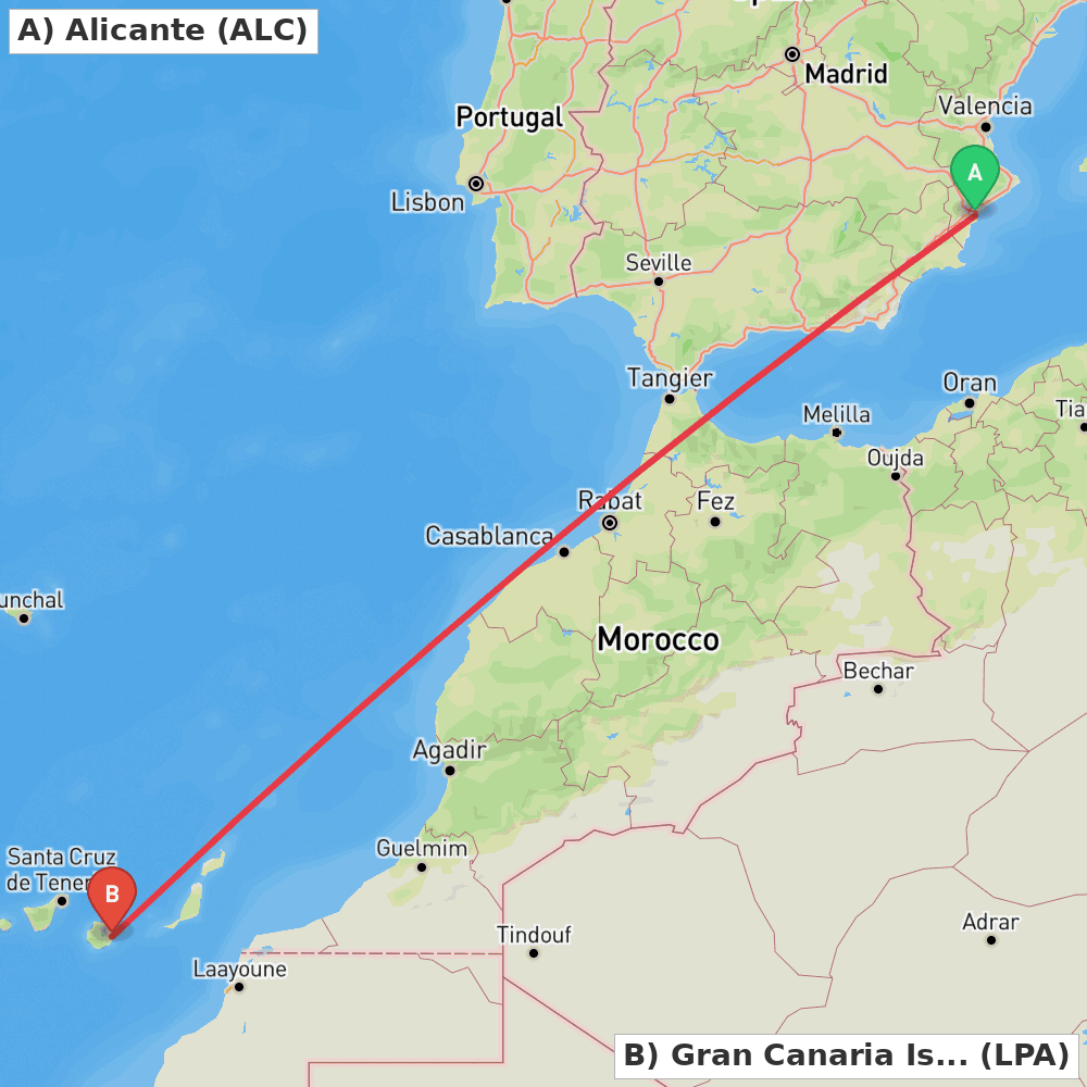 Flight route map from Alicante to Gran Canaria Island