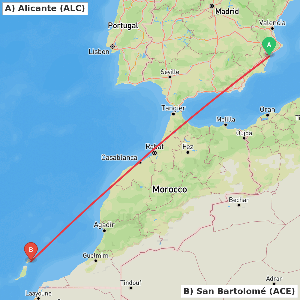 Flight route map from Alicante to San Bartolomé