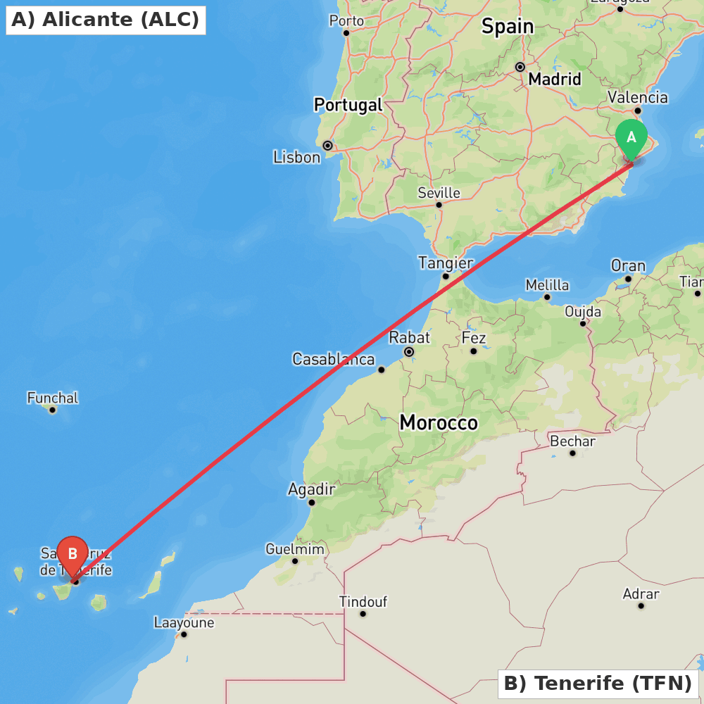 Flight route map from Alicante to Tenerife