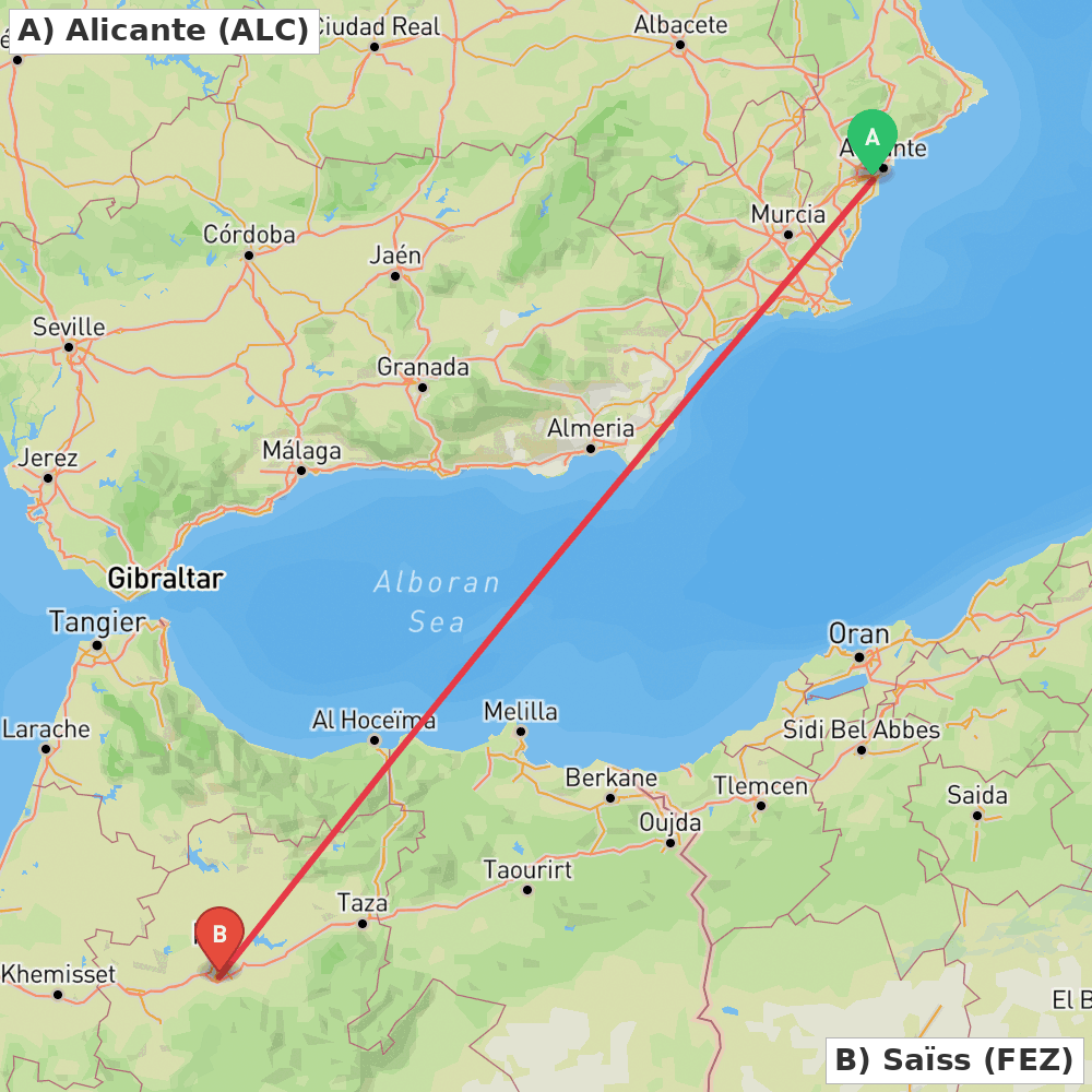 Flight route map from Alicante to Saïss