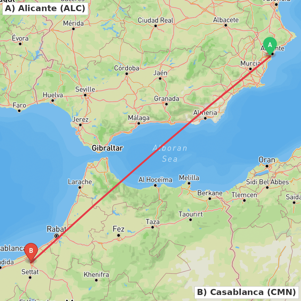 Flight route map from Alicante to Casablanca