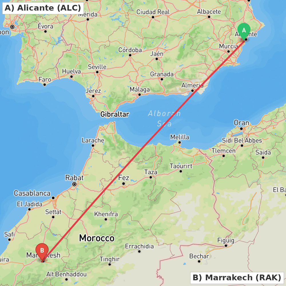 Flight route map from Alicante to Marrakech