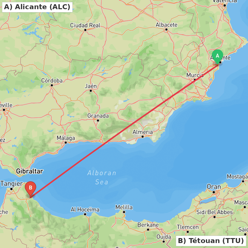 Flight route map from Alicante to Tétouan