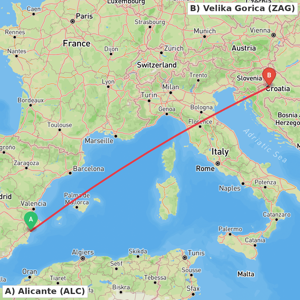 Flight route map from Alicante to Velika Gorica