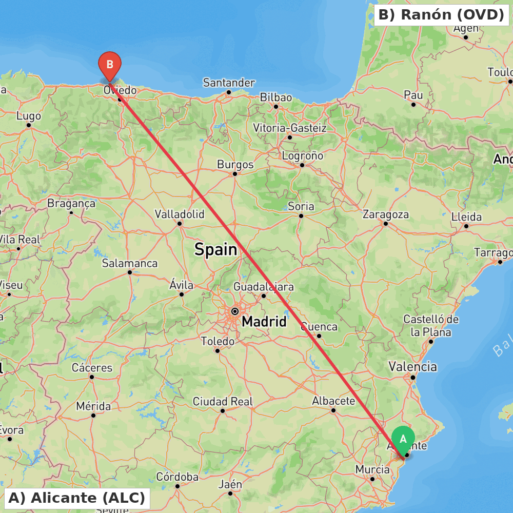 Flight route map from Alicante to Ranón