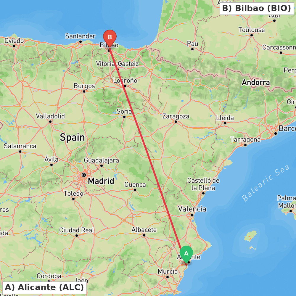 Flight route map from Alicante to Bilbao