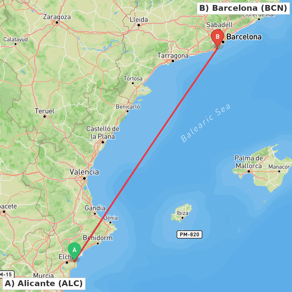 Flight route map from Alicante to Barcelona