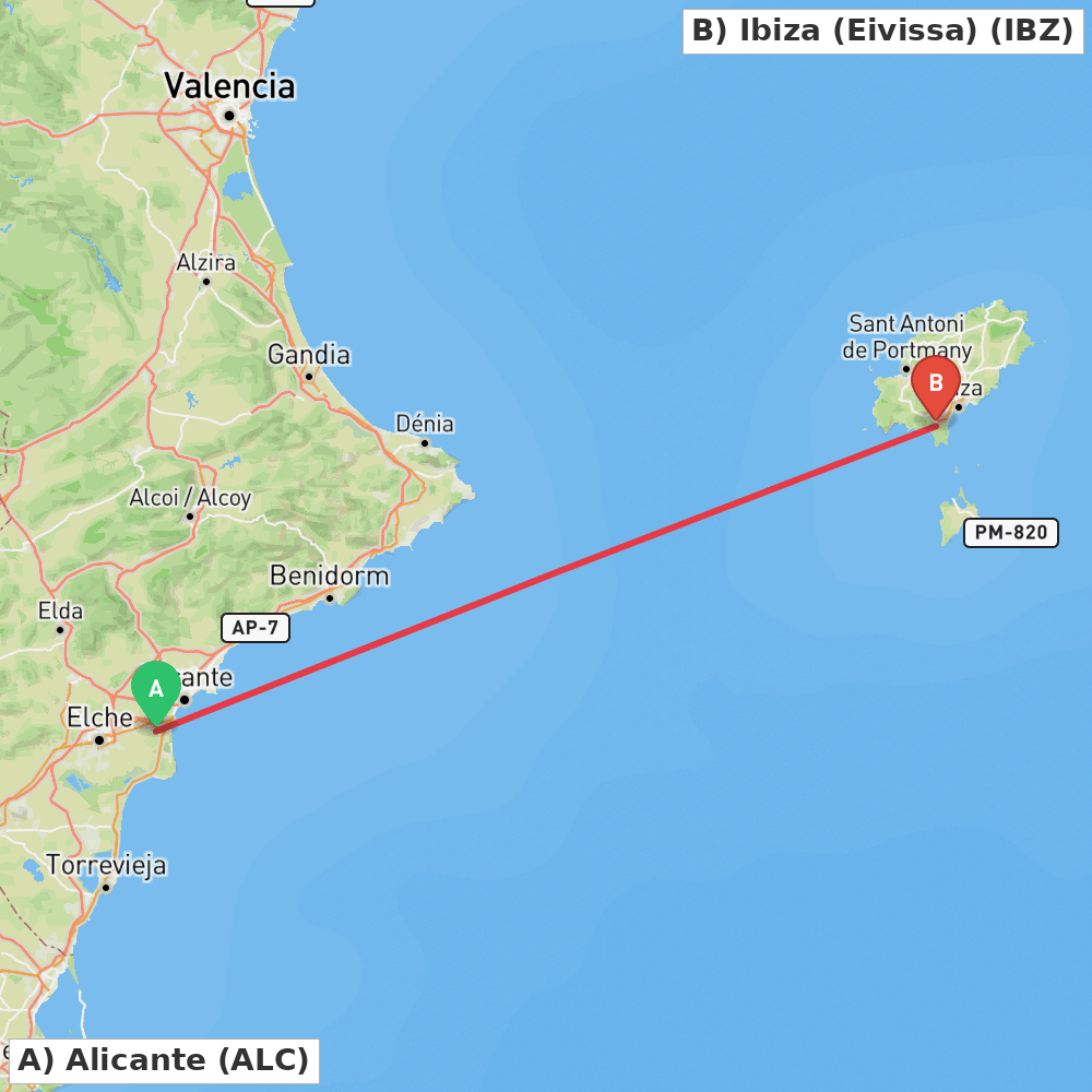 Flight route map from Alicante to Ibiza (Eivissa)