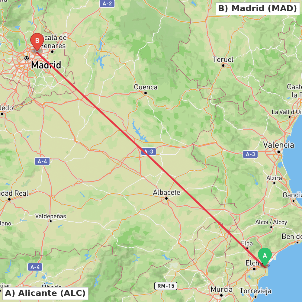 Flight route map from Alicante to Madrid