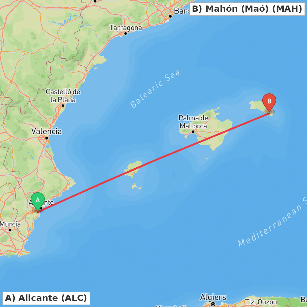 Flight route map from Alicante to Mahón (Maó)