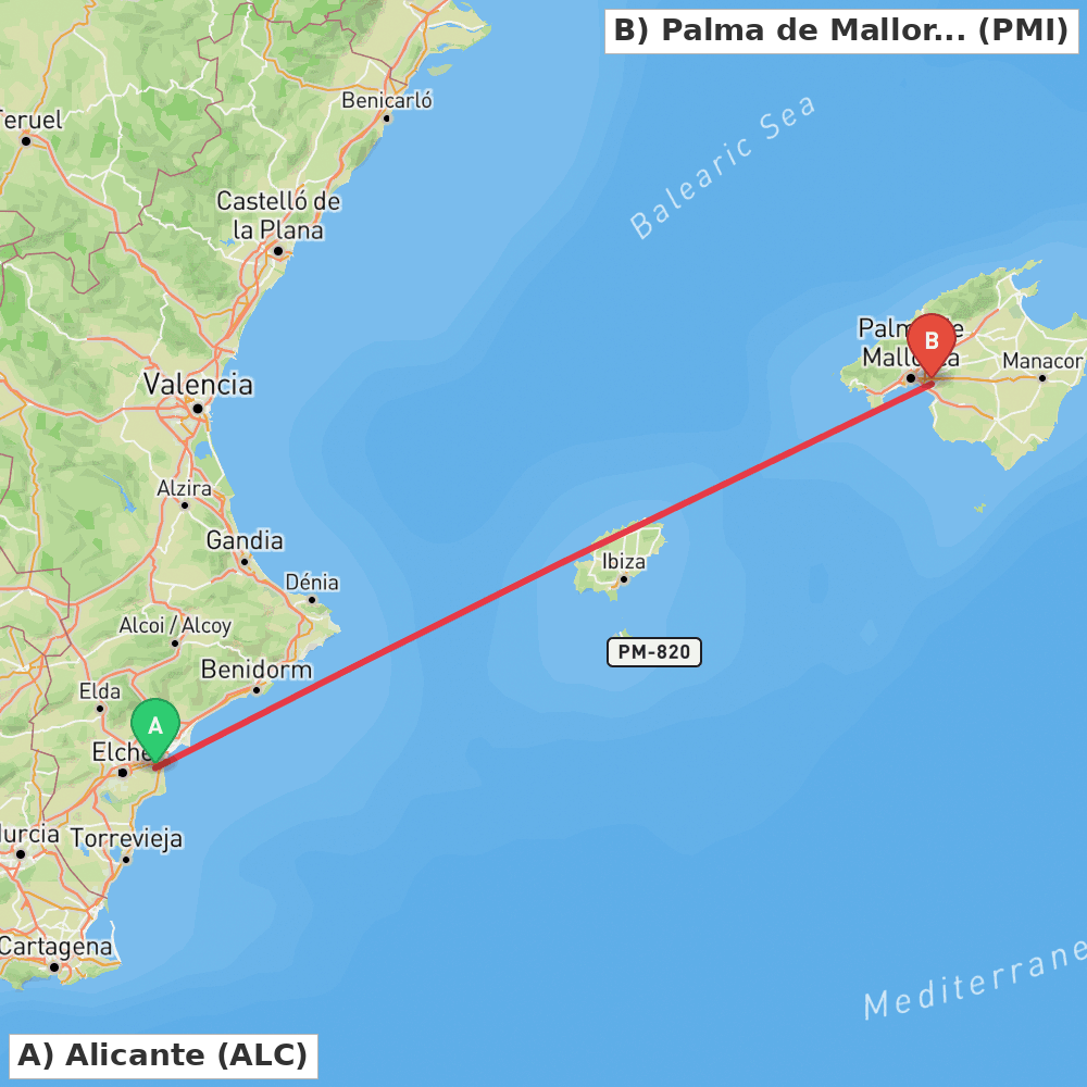Flight route map from Alicante to Palma de Mallorca