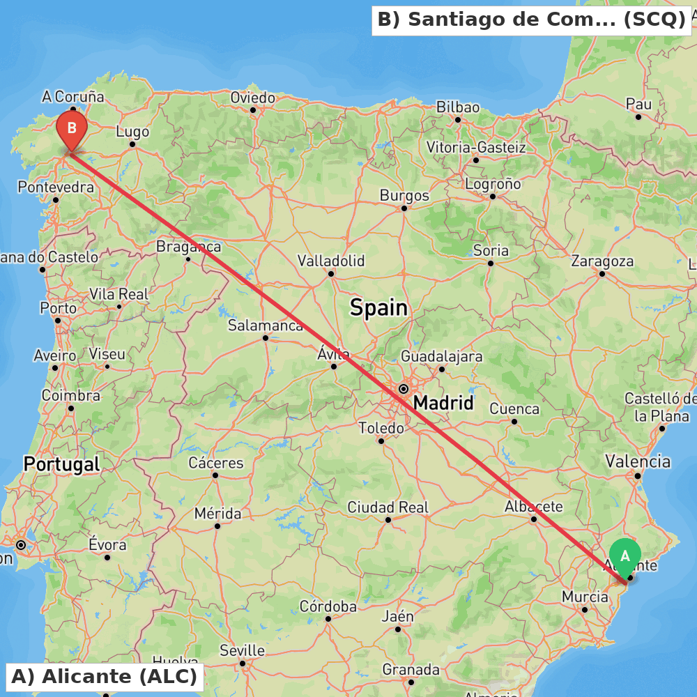 Flight route map from Alicante to Santiago de Compostela
