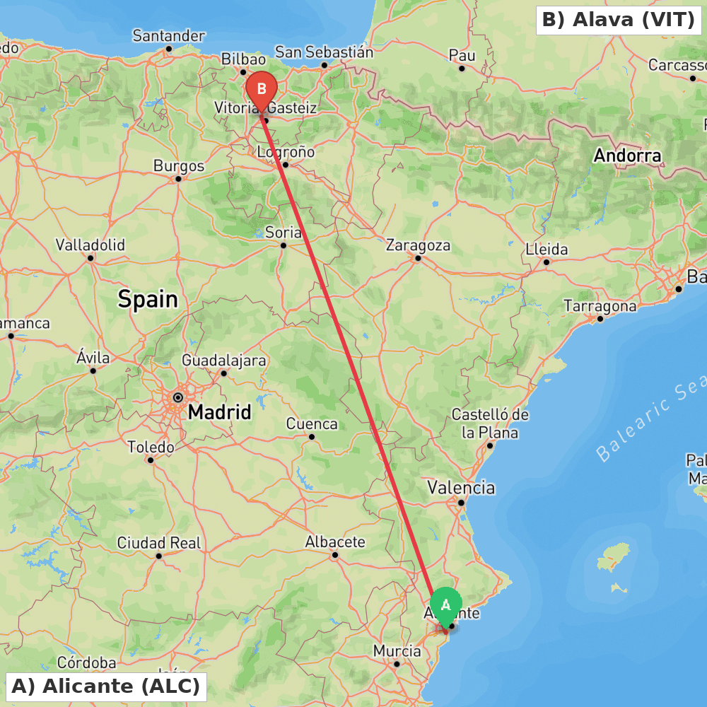 Flight route map from Alicante to Alava