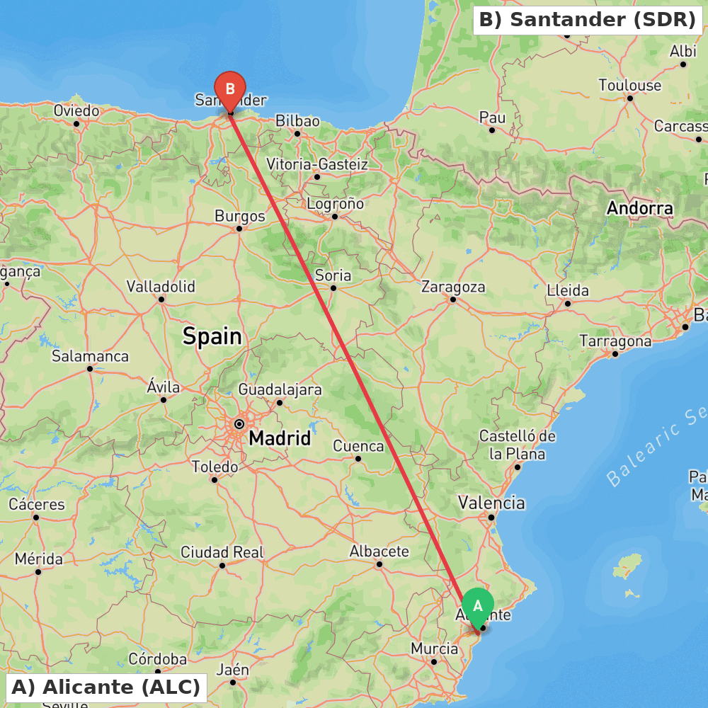 Flight route map from Alicante to Santander