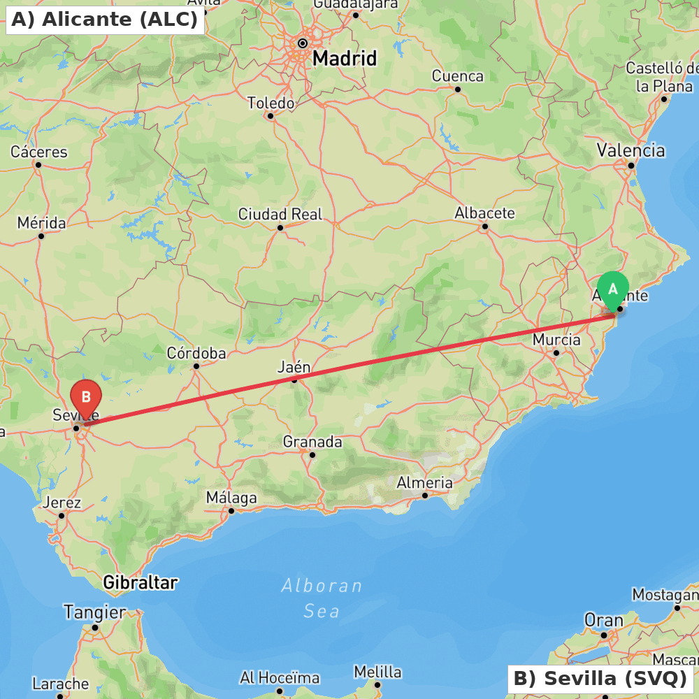 Flight route map from Alicante to Sevilla