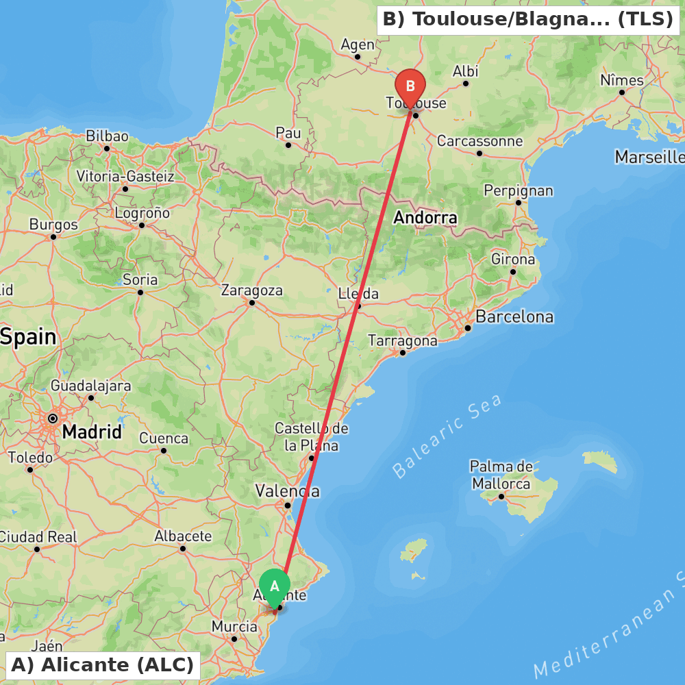 Flight route map from Alicante to Toulouse/Blagnac