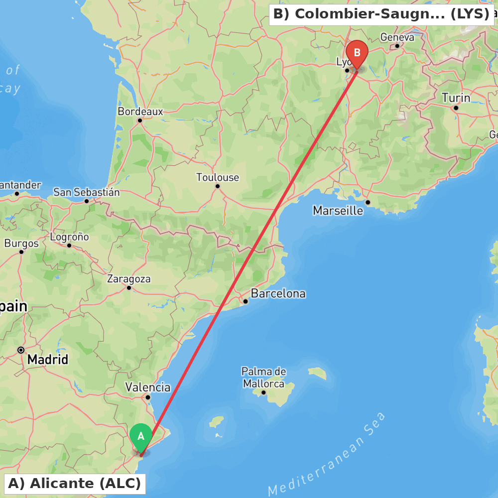 Flight route map from Alicante to Colombier-Saugnieu, Rhône