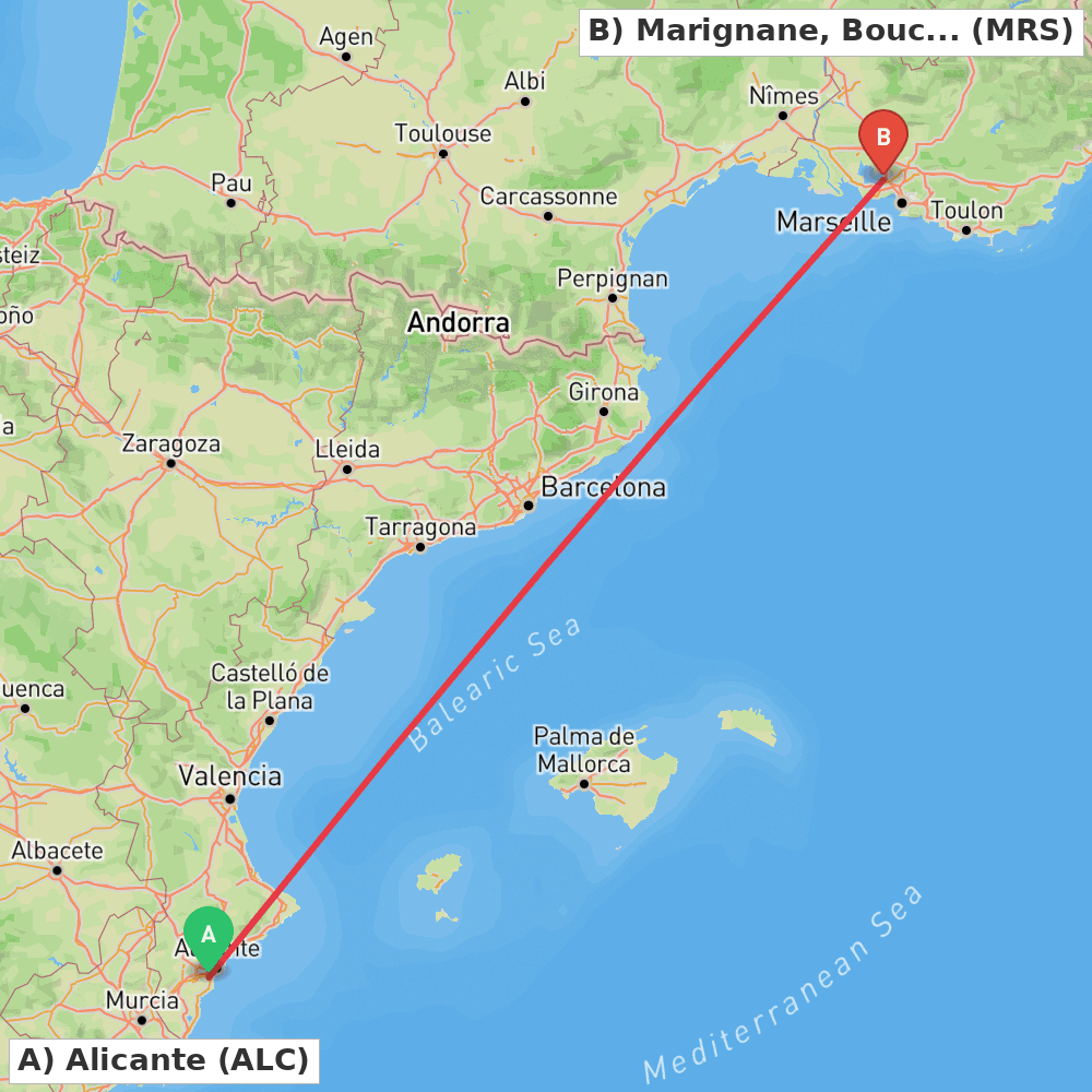 Flight route map from Alicante to Marignane, Bouches-du-Rhône