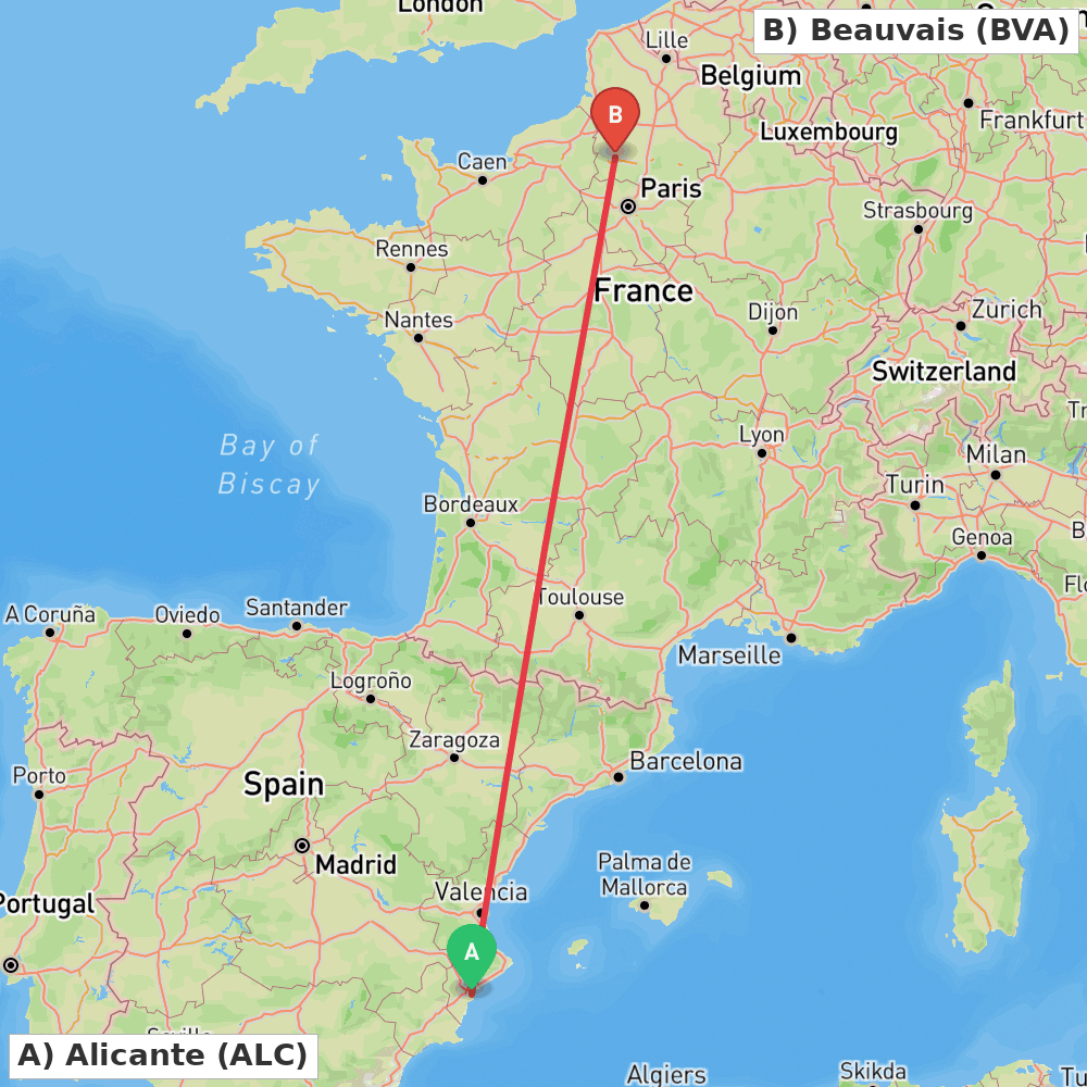 Flight route map from Alicante to Beauvais