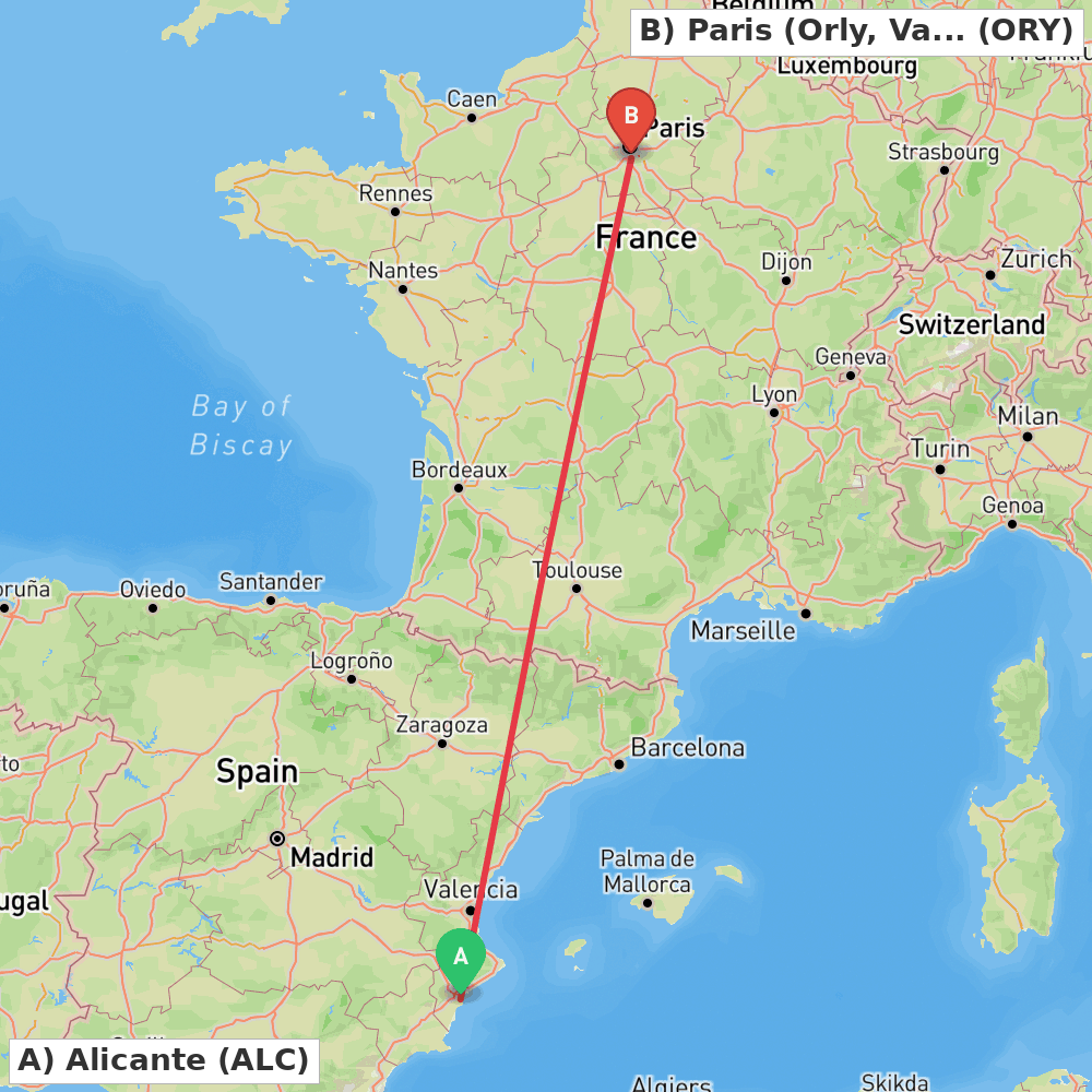 Flight route map from Alicante to Paris (Orly, Val-de-Marne)