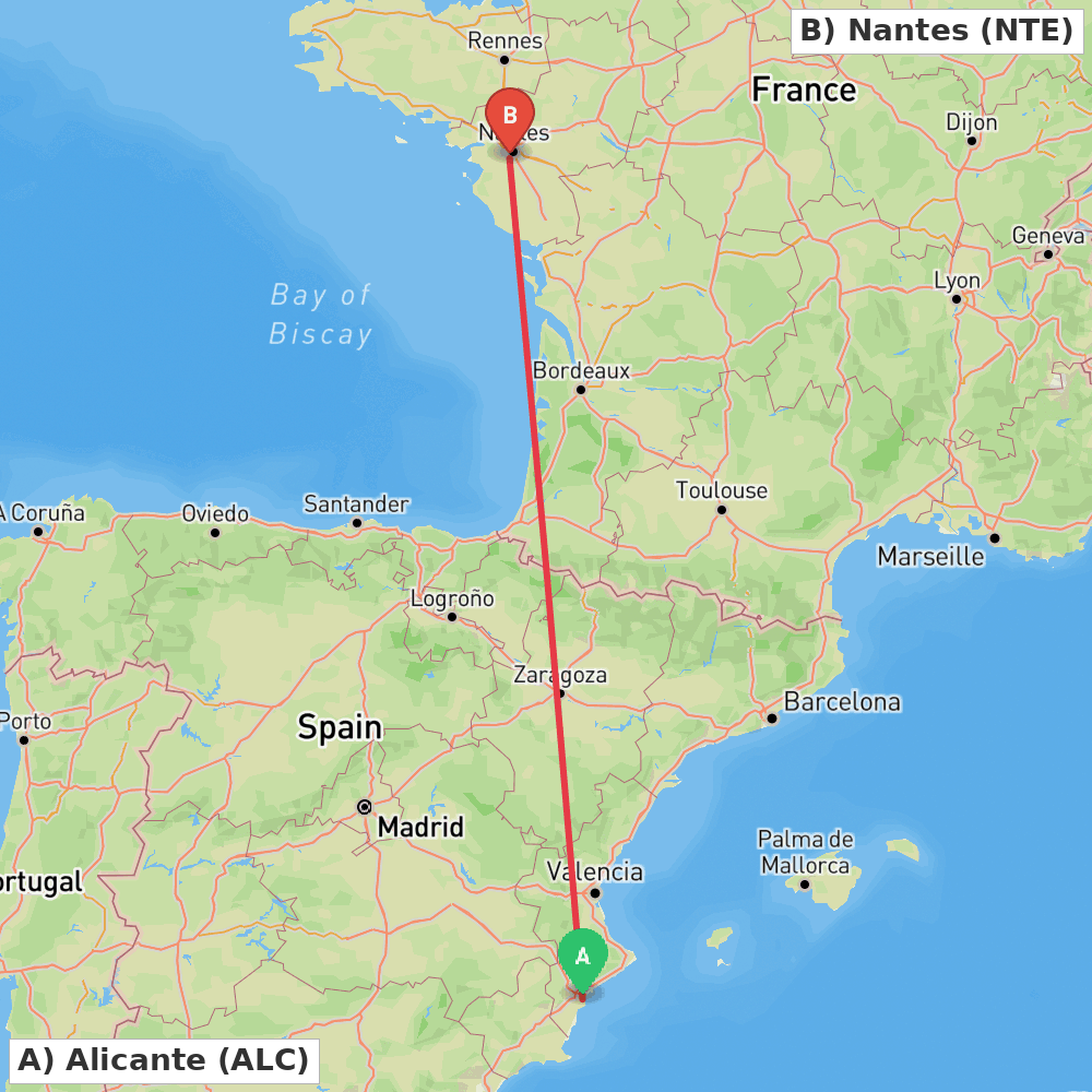 Flight route map from Alicante to Nantes