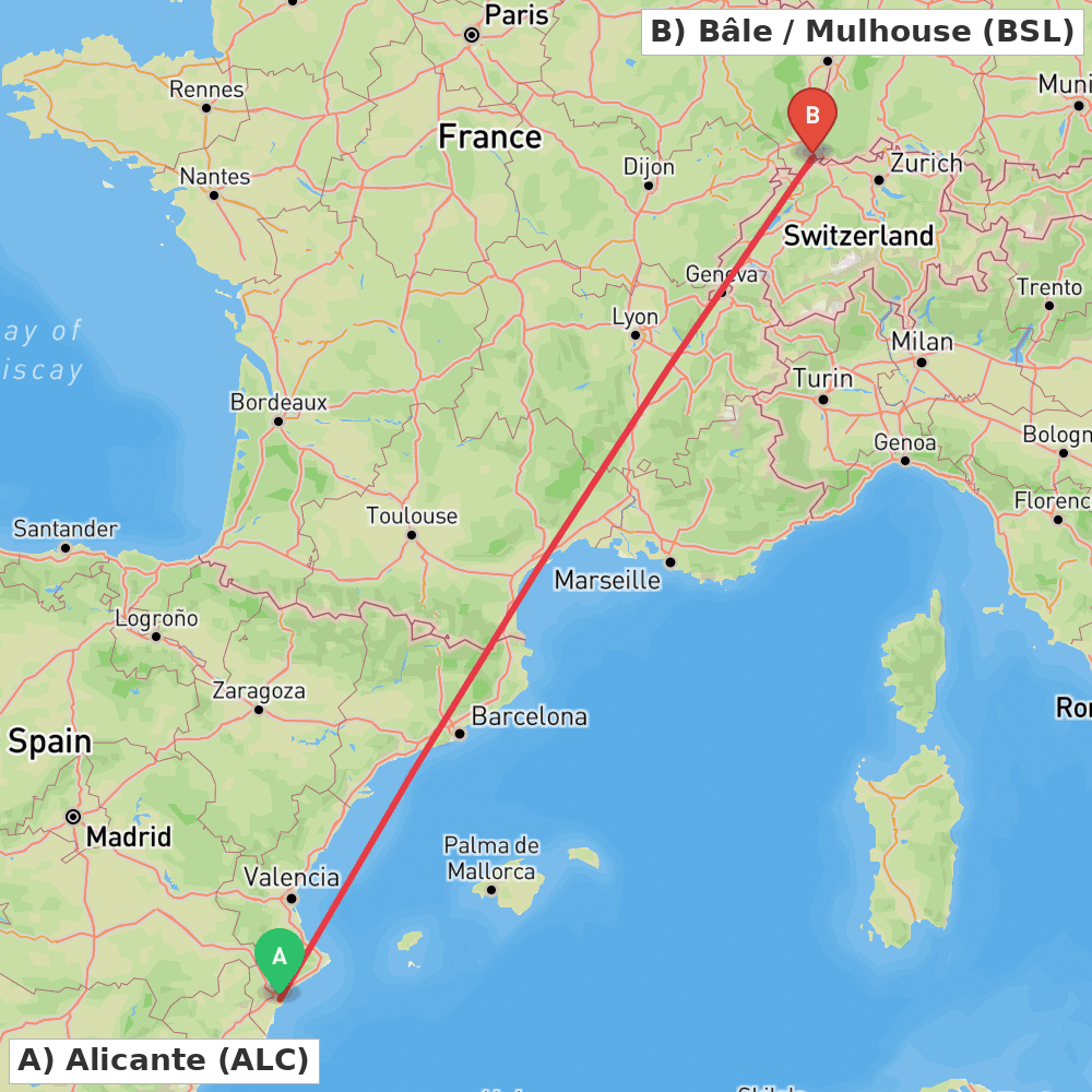 Flight route map from Alicante to Bâle / Mulhouse