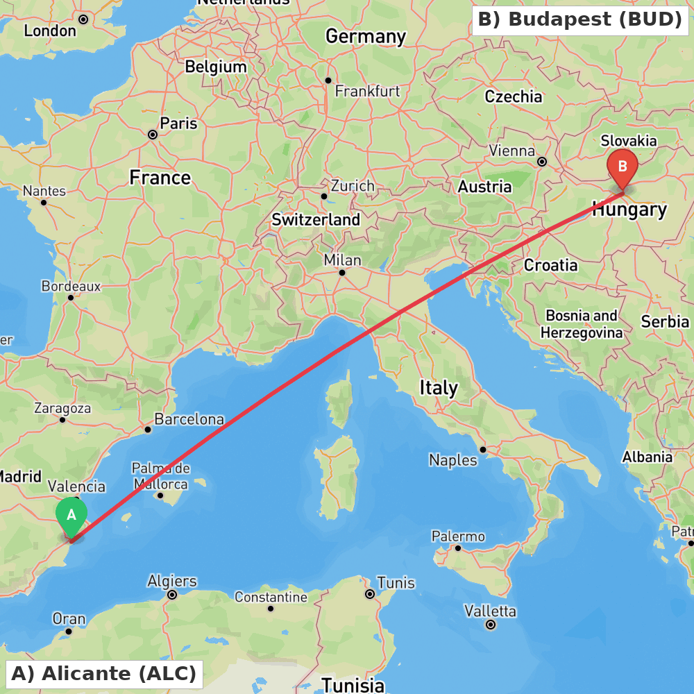 Flight route map from Alicante to Budapest