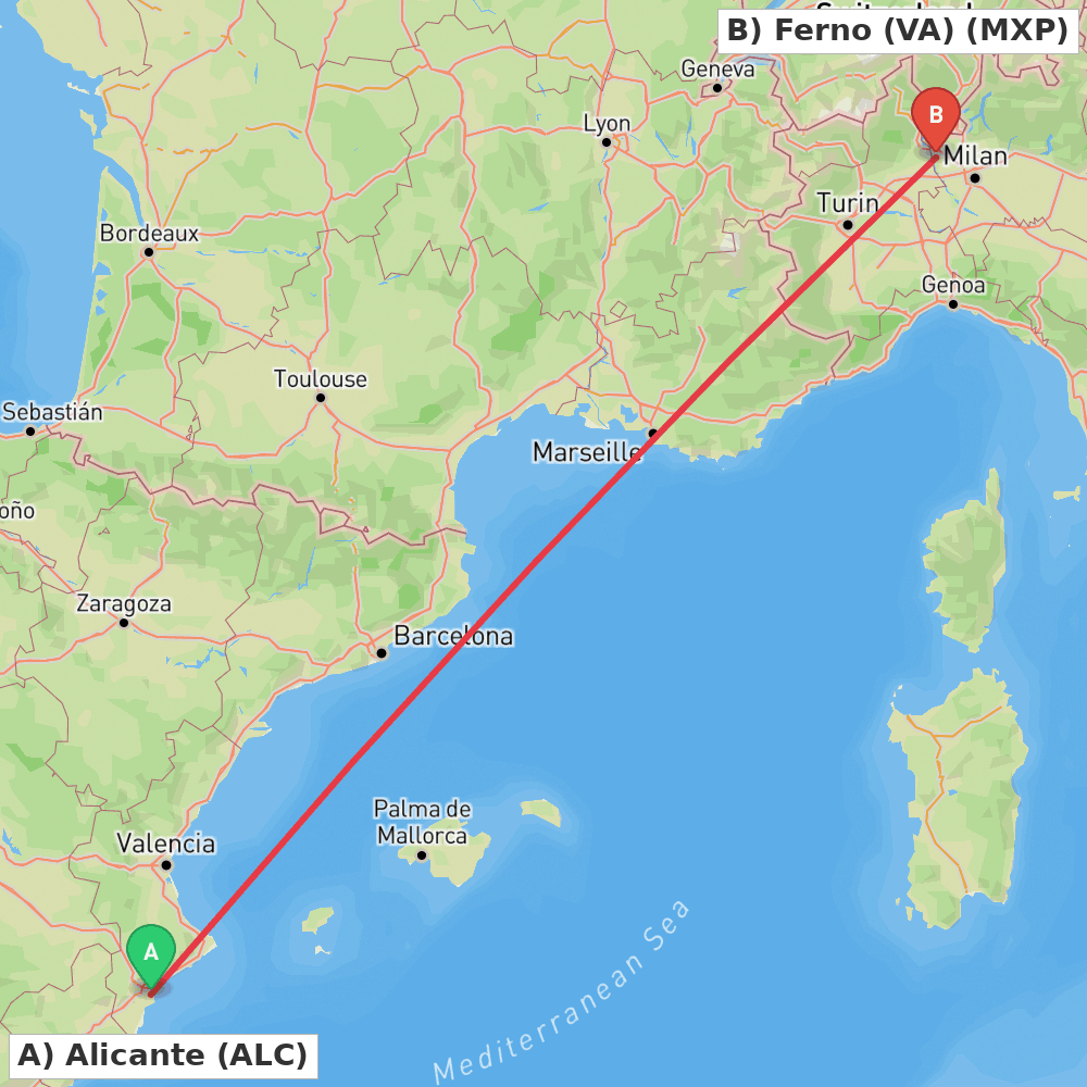 Flight route map from Alicante to Ferno (VA)