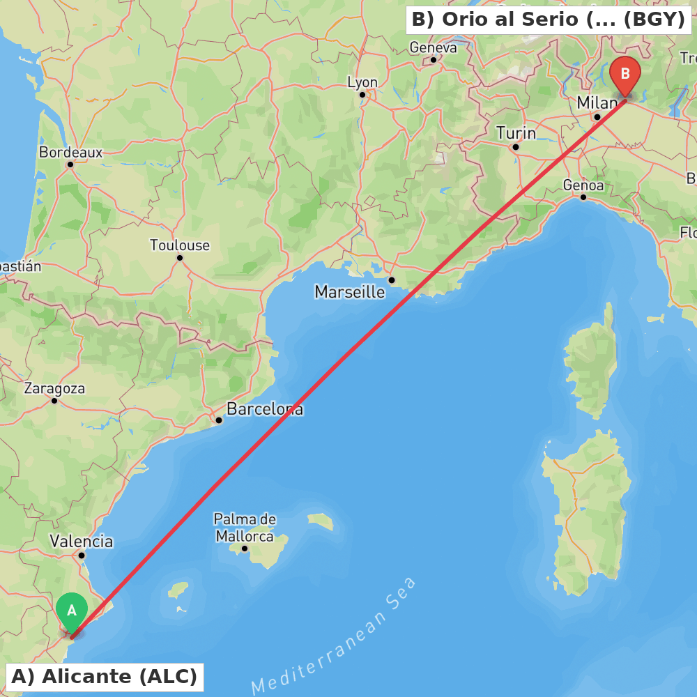 Flight route map from Alicante to Orio al Serio (BG)