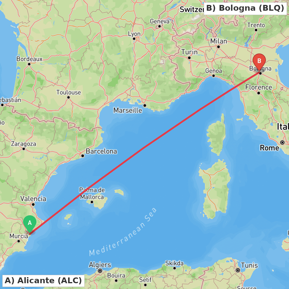 Flight route map from Alicante to Bologna
