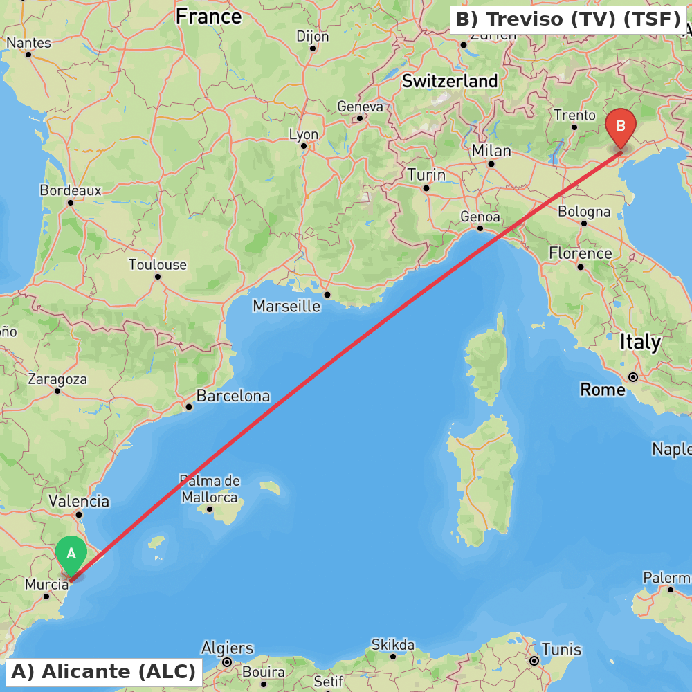 Flight route map from Alicante to Treviso (TV)