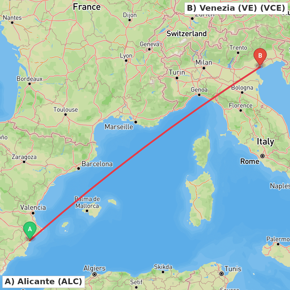 Flight route map from Alicante to Venezia (VE)