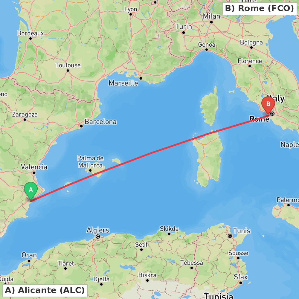 Flight route map from Alicante to Rome