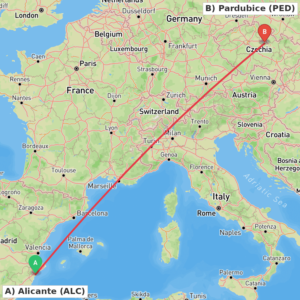 Flight route map from Alicante to Pardubice