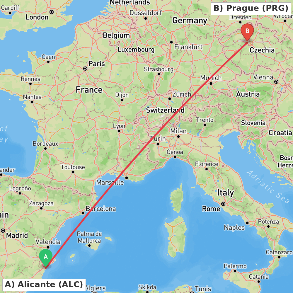 Flight route map from Alicante to Prague